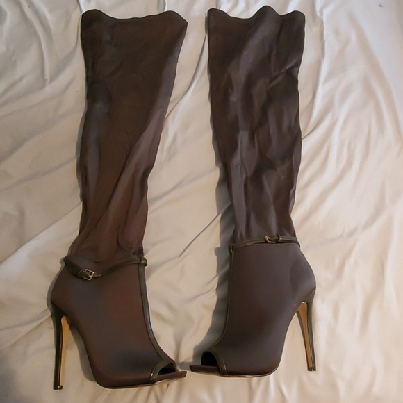 olive green open toe thigh high boots